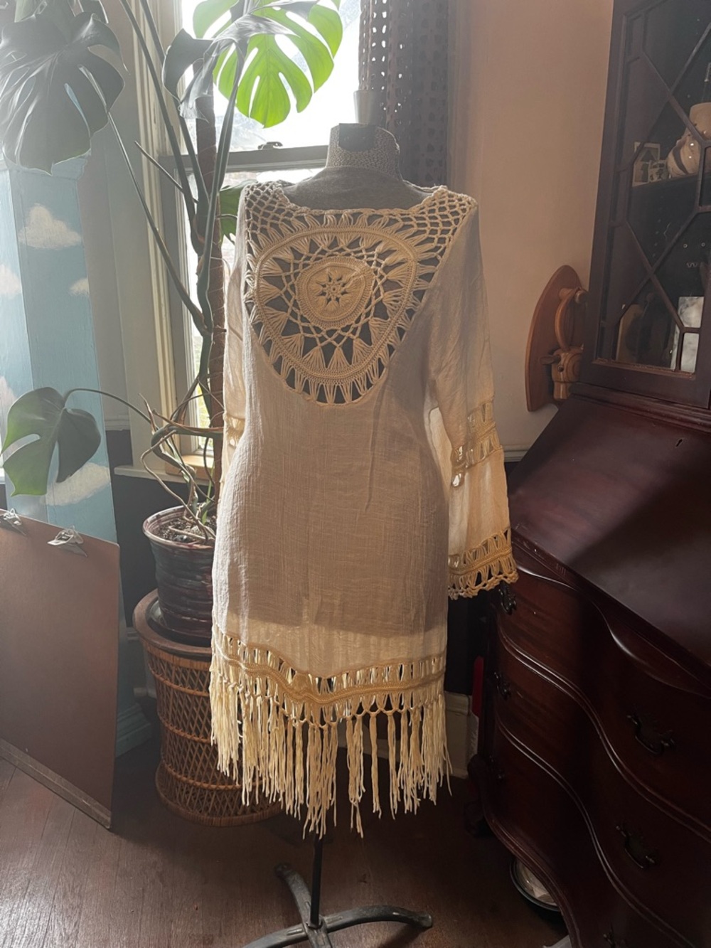 Boho Crochet Fringe Tunic Dress in Ivory